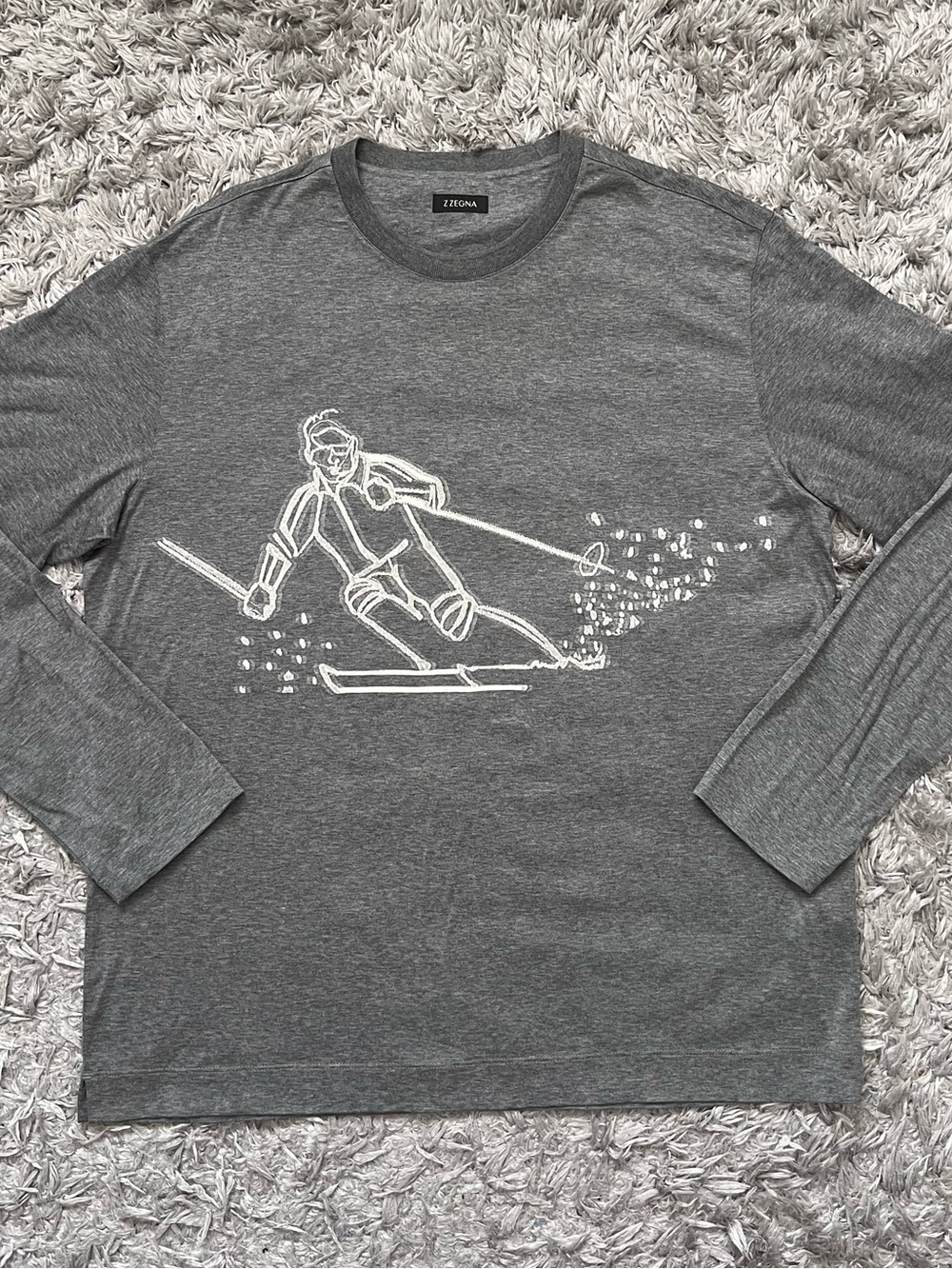 Z Zegna Gray Long-Sleeve Tee with White Ski Graphic
